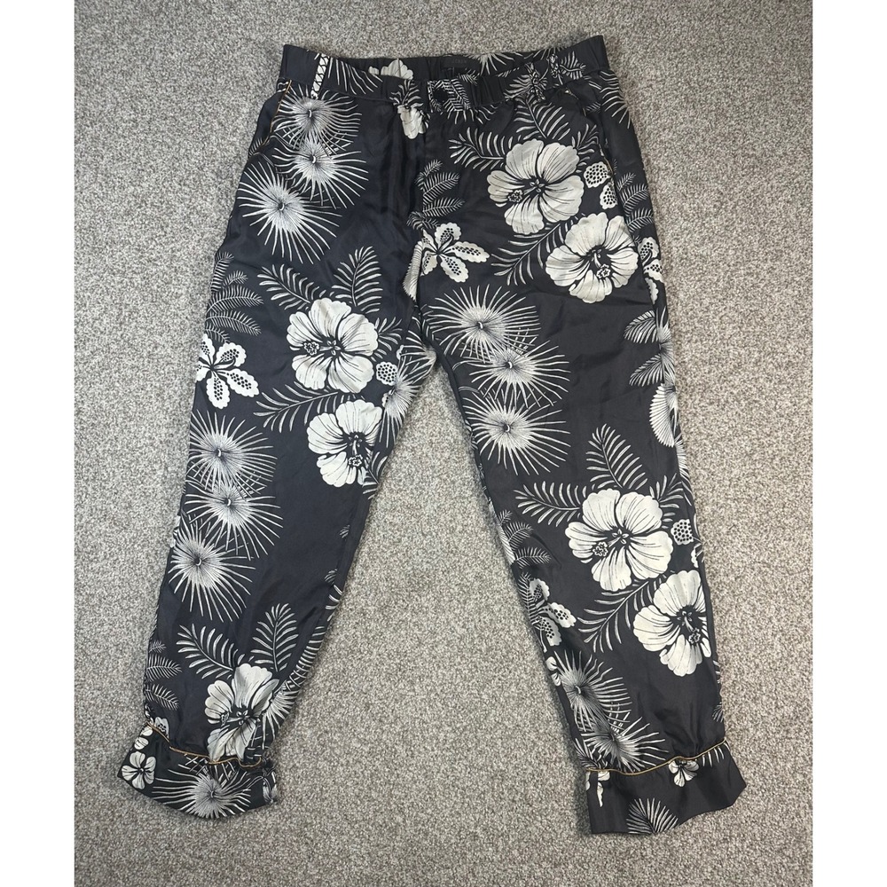 J.Crew 100% Silk Tropical Floral Print Pull-On Tapered Pants Black White Size 8